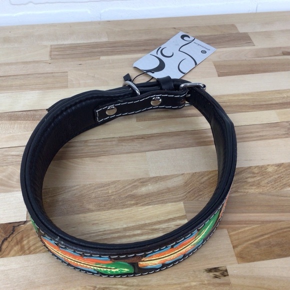 Mad Cow genuine leather jewelry dog collar handmade black green orange design - Picture 6 of 11